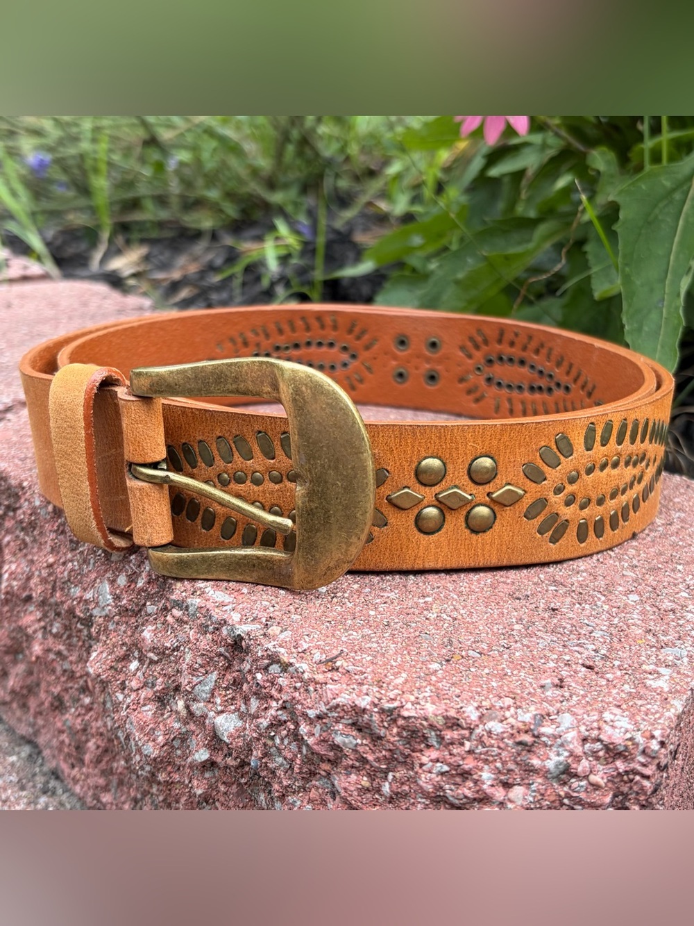 Vintage Nine West Y2K Festival Brown Leather Studded Belt Size XL 38-42” Waist